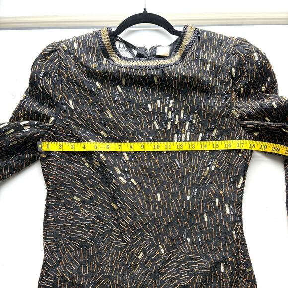 Vintage 90s Niteline Sequin Blouse, Black and gold, beads, zip up back, Size M - Picture 10 of 13
